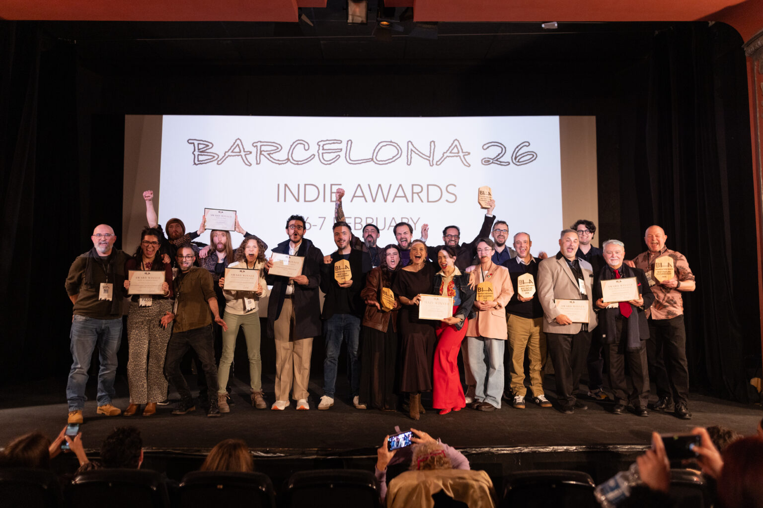 Winners of the Barcelona Indie Awards 2026 gathered on stage at Cine Maldà with their diplomas