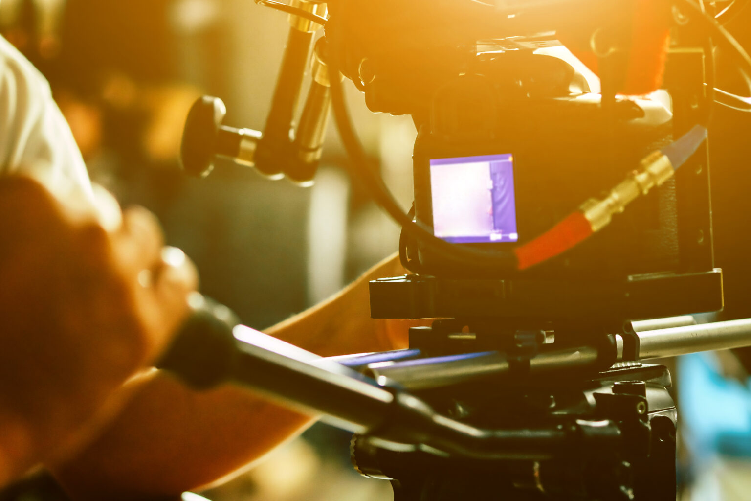 A film studio shooting set with lights and camera equipment
