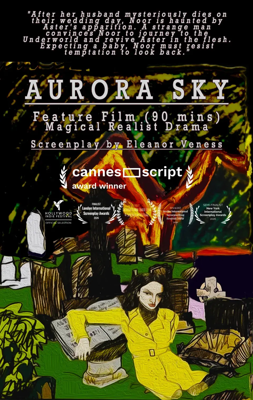 Poster artwork for the screenplay Aurora Sky by Eleanor Veness